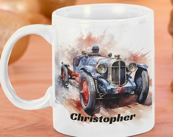Personalized Vintage Racing Car Mug: Custom Watercolor Grand Prix Design