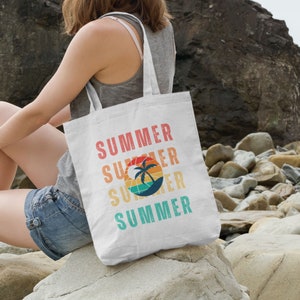 Tote Sunset Tote Bag with repeated SUMMER Slogan - Stylish and Sustainable Bags for Beach Lovers | Stylish Carryall for Beach Lovers