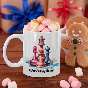 Personalized Chess Mug with Watercolor King & Pawns | Custom Gift for Chess Lovers | Unique Stocking Filler Best Christmas and Occasion Gift