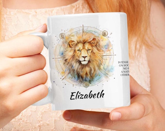 Personalized Leo Zodiac Mug: Watercolor Lion Head, Custom Name