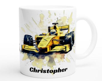 Personalized Formula One Racing Car Mug: Yellow Watercolor Design