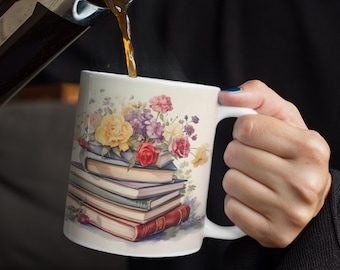 Floral Book Stack Mug: Gift for Book Lovers