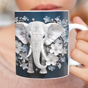 Tazza da caffè in ceramica floreale con effetto 3D a forma di elefante bianco in cristallo