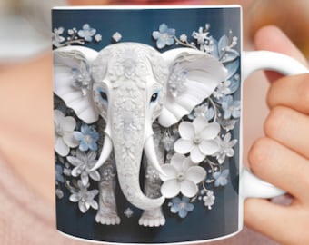 3D Effect Crystal White Elephant Mug: Floral Ceramic Coffee Cup