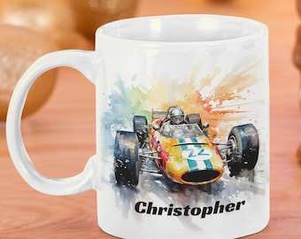 Personalized Racing Car Mug: Vintage F1 Watercolor Design