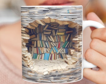 3D Bookshelf Mug : Unique Book Lovers Mug with Hidden Library - Perfect Gift for Book Lovers and Coffee Enthusiasts. Hole-in-the-Wall Mug