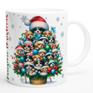 Pawsome Christmas Dog & Puppy Tree Mug - Funny Cartoon Dog Lover Gift, Holiday Coffee Cup, Perfect Christmas Stocking Filler, Cute Pet Gift