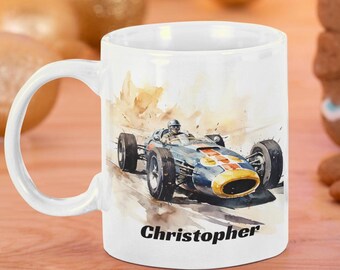 Personalized Racing Car Mug: Vintage Formula One Watercolor Design