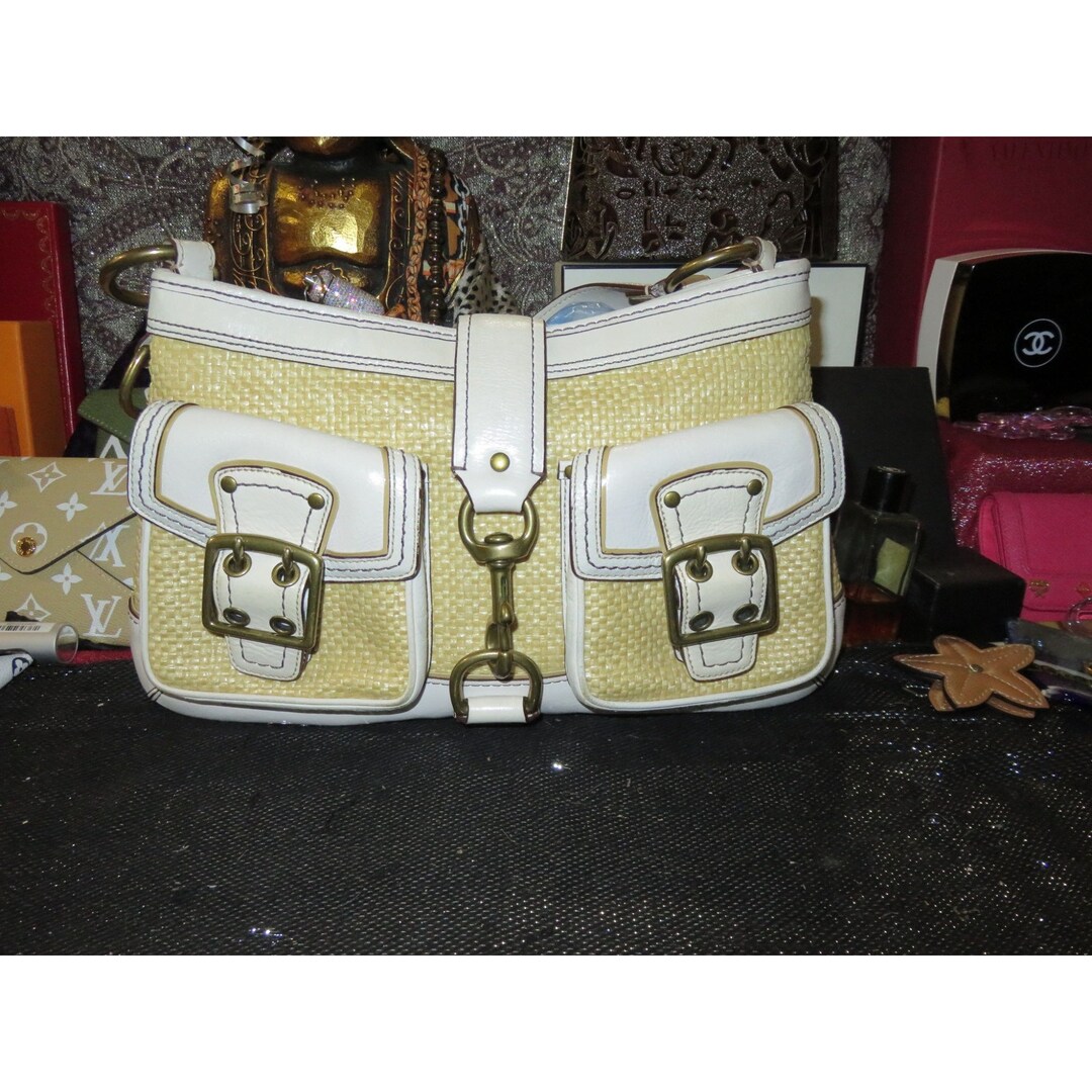 Coach Vintage Legacy Woven Raffia Straw White Leather Handbag With ...