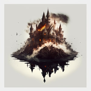 Burning Castle, AI Art, Printable, Wall Art, Digital Download