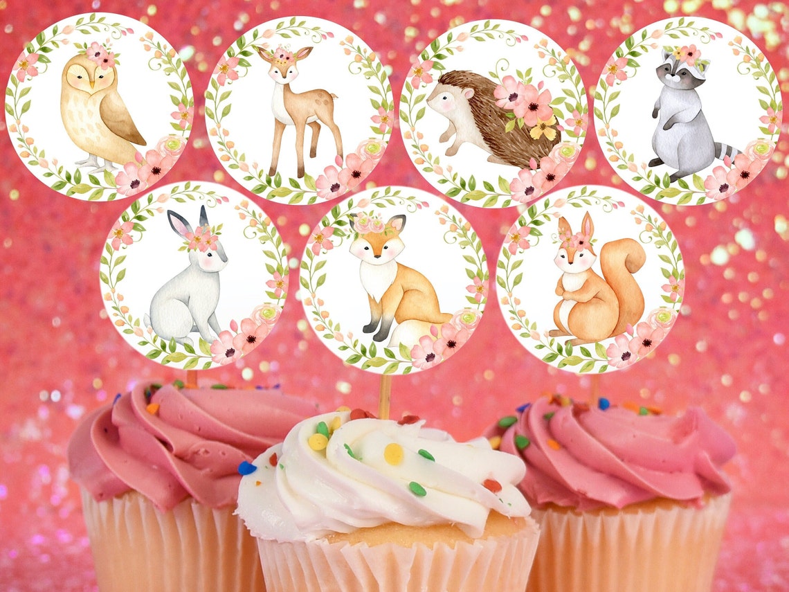 Cupcake Toppers Woodland Animals Watercolor Pink Floral Baby Etsy