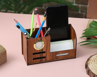 Supporto portapenne in legno con orologio, supporto per biglietti mobili e da visita / supporto per organizzatore stazionario laminato in MDF per ufficio e tavolo da studio