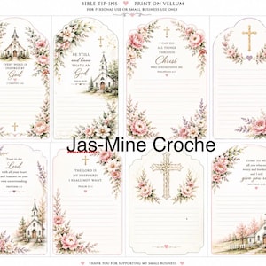May include: A set of eight Bible tip-ins with floral and church illustrations. Each tip-in features a different Bible verse and is decorated with pink and white flowers. The text "Jas-Mine Croche" is visible.