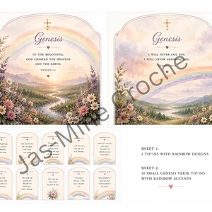 Könnte beinhalten: Eine Sammlung bedruckter Papiereinleger mit bogenförmigen Designs, die Regenbogen-, Blumen- und Landschaftsillustrationen zeigen. Die Blätter enthalten Bibelverse aus dem Buch Genesis mit Text und kleinen Kreuzsymbolen auf hellem Grund.