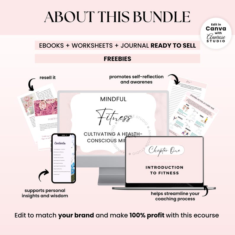 Done For You Fitness Mindset Ebook, Journal, Worksheet, Life Coaching Tools, Brandable Health Coaching Resources for Life Coach, Health and Wellness Course, Lead Magnet Template, PLR/MRR Ebook, Editable Canva Template, Course Creator Bundle