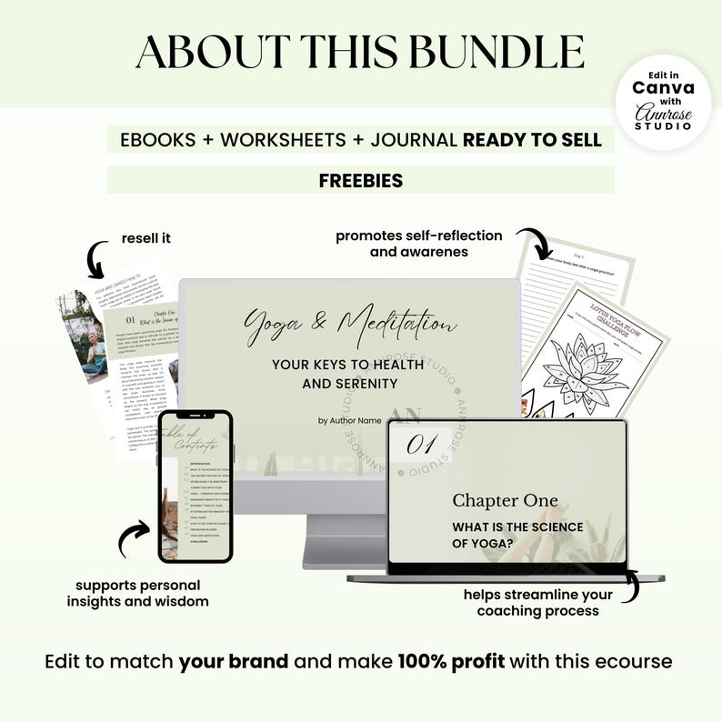 Done For You Yoga Ebook, Journal, Worksheet, Life Coaching Tools, Brandable Health Coaching Resources for Life Coach, Health and Wellness Course, Lead Magnet Template, PLR/MRR Ebook, Editable Canva Template, Course Creator Bundle