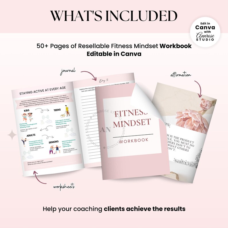 Done For You Fitness Mindset Ebook, Journal, Worksheet, Life Coaching Tools, Brandable Health Coaching Resources for Life Coach, Health and Wellness Course, Lead Magnet Template, PLR/MRR Ebook, Editable Canva Template, Course Creator Bundle