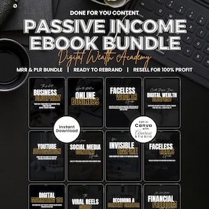 Passive Income eBook Bundle, Digital Wealth Academy, Money Making, MRR/PLR Done For You Content, Social Media Content | Canva Template
