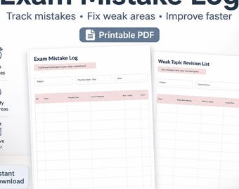 Può includere: Un PDF stampabile intitolato "Exam Mistake Log" con il testo "Track mistakes, Fix weak areas, Improve faster." Il registro include sezioni per il monitoraggio degli errori e un elenco di revisione degli argomenti deboli. Il design è bianco con accenti rosa.