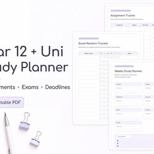 Puede incluir: Un planificador de estudio digital con el texto "Year 12 + Uni Study Planner". El planificador incluye secciones para tareas, exámenes y plazos. También hay plantillas PDF imprimibles para el seguimiento de tareas, revisiones de exámenes y horarios semanales.