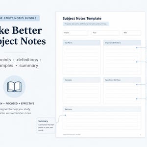 Pu&ograve; includere: Un pacchetto di 7 pagine di appunti di studio con un modello per note tematiche, che include sezioni per punti chiave, definizioni, esempi, domande e un riassunto. Il documento presenta etichette di testo e richiami per organizzare i dati.