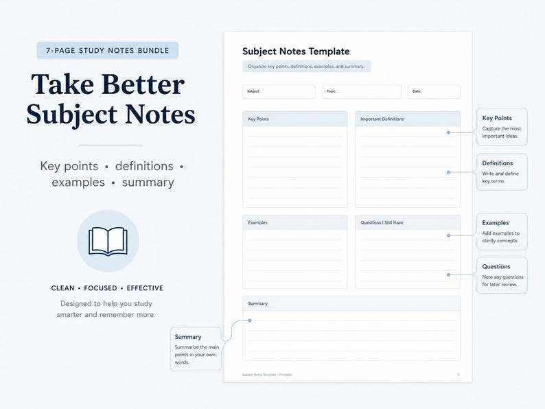 Pu&ograve; includere: Un pacchetto di 7 pagine di appunti di studio con un modello per note tematiche, che include sezioni per punti chiave, definizioni, esempi, domande e un riassunto. Il documento presenta etichette di testo e richiami per organizzare i dati.