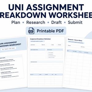 May include: A light blue and white printable PDF worksheet titled "UNI ASSIGNMENT BREAKDOWN WORKSHEET". The worksheet includes sections for planning, research, drafting, and submission. The PDF icon is visible.