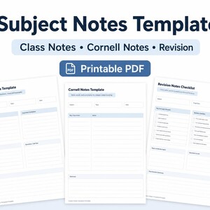 Peut inclure: Un ensemble de modèles PDF imprimables comprenant un modèle de notes de cours, un modèle de notes Cornell et une liste de contrôle de révision. Chaque page blanche présente des en-têtes bleus, des sections lignées et des listes de contrôle.
