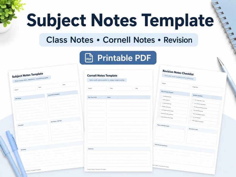 Pu&ograve; includere: Un set di modelli PDF stampabili che include un modello per appunti, un modello per note Cornell e una lista di controllo per la revisione. Ogni pagina bianca presenta intestazioni blu, sezioni a righe per punti chiave, riassunti e liste.