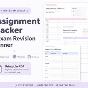 May include: A digital planner set for students, including an assignment tracker, exam revision checklist, and weekly study planner. The design features pink and purple accents, with the text "Assignment Tracker + Exam Revision Planner" and "Printable PDF".