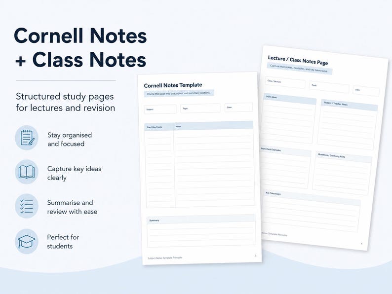 Pu&ograve; includere: Due pagine di studio bianche con modelli di appunti Cornell e appunti di lezione con testo blu scuro. Le pagine includono sezioni per materia, argomento, data, idee principali, note dell'insegnante e riassunti, organizzate con linee chiare.