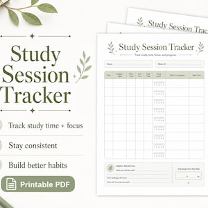 Könnte beinhalten: Ein druckbarer PDF-Studien-Session-Tracker mit minimalistischem Design. Der Tracker enthält Abschnitte zur Verfolgung von Studienzeit, Fokus und Fortschritt. Der Text "Study Session Tracker" steht oben, mit Symbolen und Text darunter. Der Tracker soll helfen, bessere Gewohnheiten aufzubauen.