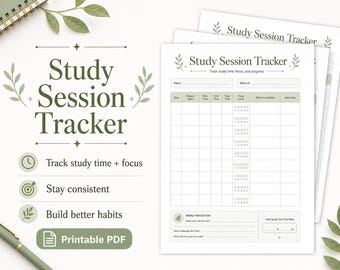 Può includere: Un tracker di sessione di studio PDF stampabile con un design minimalista. Il tracker include sezioni per tenere traccia del tempo di studio, della concentrazione e dei progressi. Il testo "Study Session Tracker" è in alto, con icone e testo sottostanti.