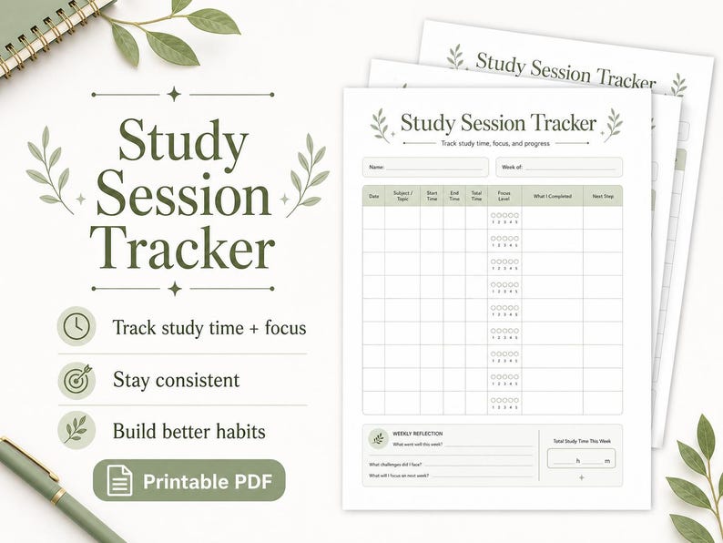 May include: A printable PDF study session tracker with a minimalist design. The tracker includes sections to track study time, focus, and progress. The text "Study Session Tracker" is at the top, with icons and text below. The tracker is designed to help build better habits.