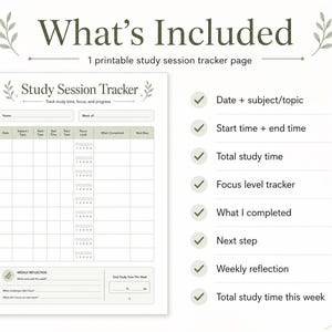 May include: A printable study session tracker page, titled "Study Session Tracker". It features sections for tracking study time, focus, and progress, including date, subject, start and end times, and weekly reflection. The text "What's Included" is at the top.
