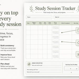 May include: A study session tracker with the text "Study Session Tracker" at the top. The tracker includes sections for date, subject, start and end times, focus level, and next steps. The design is minimalist with a light green colour scheme.