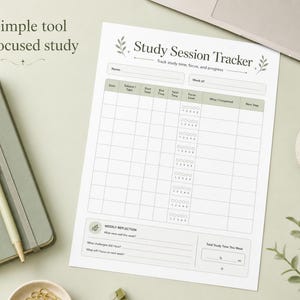 May include: A study session tracker with a minimalist design, featuring a grid layout for tracking study time, focus, and progress. The page includes sections for weekly reflection and a total study time summary. A pen, notebook, and coffee cup are also visible.