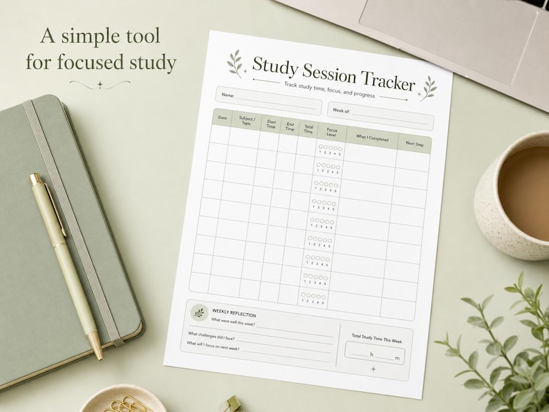 May include: A study session tracker with a minimalist design, featuring a grid layout for tracking study time, focus, and progress. The page includes sections for weekly reflection and a total study time summary. A pen, notebook, and coffee cup are also visible.