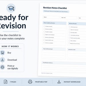 Pu&ograve; includere: Un documento stampabile di lista di controllo per le note di revisione con sezioni per materia, argomento, data, completamento delle note e compiti di revisione. Include una guida al funzionamento con icone e un indicatore PDF di 7 pagine.
