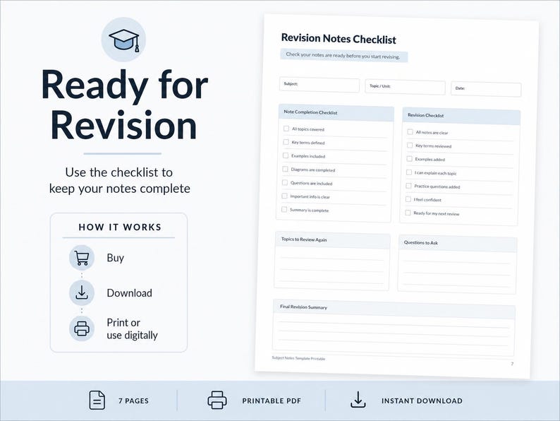Pu&ograve; includere: Un documento stampabile di lista di controllo per le note di revisione con sezioni per materia, argomento, data, completamento delle note e compiti di revisione. Include una guida al funzionamento con icone e un indicatore PDF di 7 pagine.