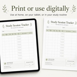 May include: A digital tablet and a printed sheet showing a "Study Session Tracker" layout. The tracker includes sections for tracking time, focus, and progress. The text "Print or use digitally" is at the top, with instructions for use.