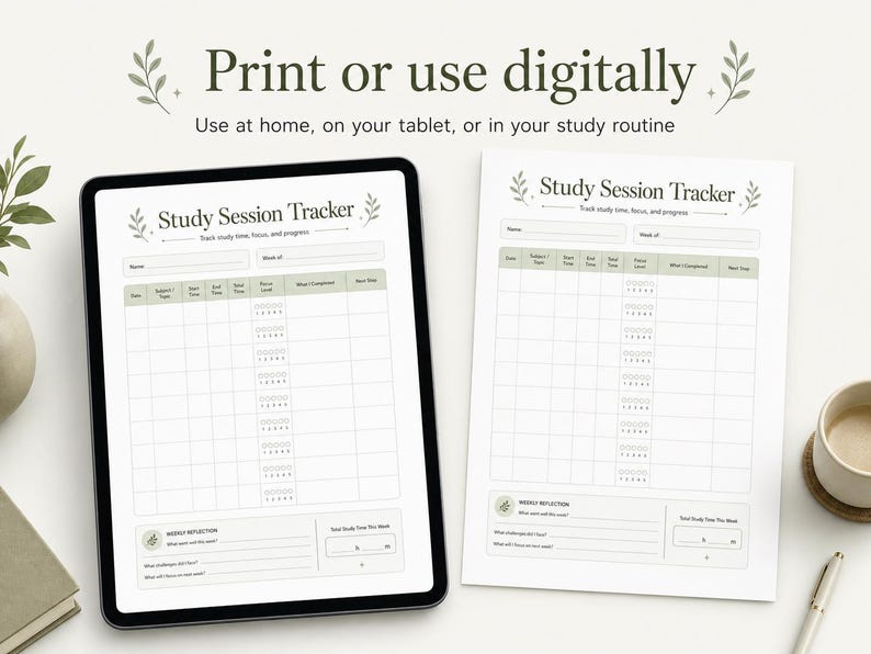 May include: A digital tablet and a printed sheet showing a "Study Session Tracker" layout. The tracker includes sections for tracking time, focus, and progress. The text "Print or use digitally" is at the top, with instructions for use.