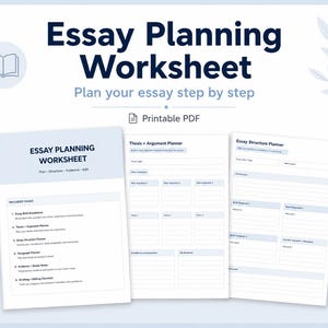 Könnte beinhalten: Ein Essay-Planungsarbeitsblatt als druckbares PDF-Dokument mit einer Titelseite, einem Thesen- und Argumentplaner sowie einem Strukturplaner. Die Seiten enthalten organisierte Abschnitte mit Überschriften und Linien zum Ausfüllen.