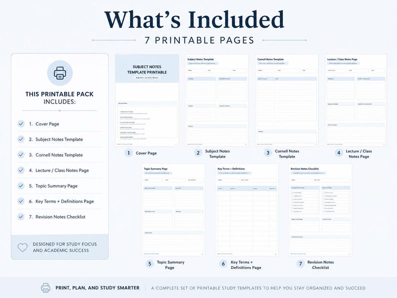 Pu&ograve; includere: Un set digitale di sette modelli di studio stampabili. Il pacchetto include una pagina di copertina, note sull'argomento, note Cornell, appunti di lezione, riepilogo dell'argomento, termini chiave con definizioni e una lista di controllo in bianco.