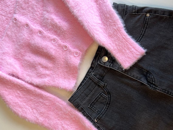 KOREAN Styled Dark Gray Denim Skirt and Pink Cardigan Etsy