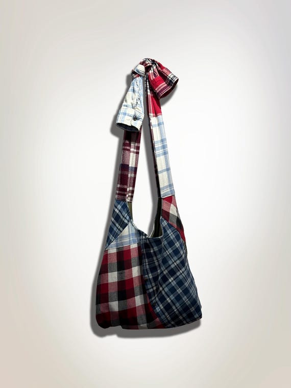 First edition vintage flannel shirt remade patched long tote crossbody bag