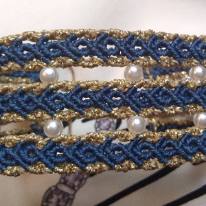 Blue and gold micro-macrame cuff bracelet