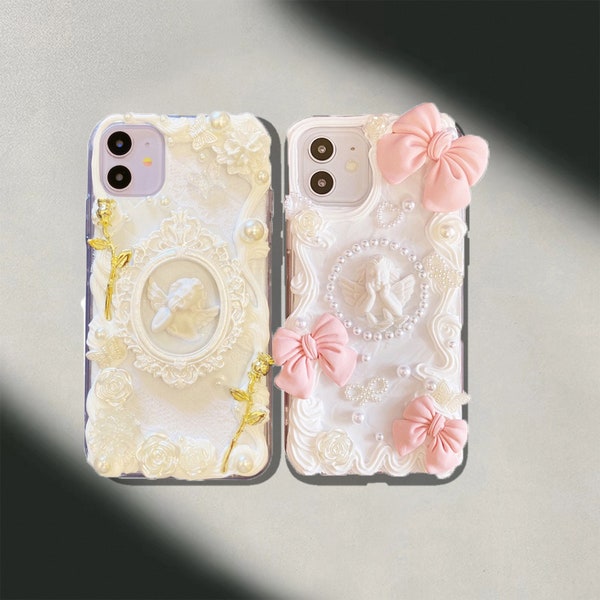 Étui de téléphone White Angel|Étui de téléphone rose|Étui de téléphone Bow|Étui de téléphone fait à la main de style baroque||Étui iPhone 14 13 12|Étui iPhone 11