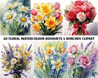 20 blombuketter och buketter i akvarell Clipart | Eleganta digitala blommor PNG