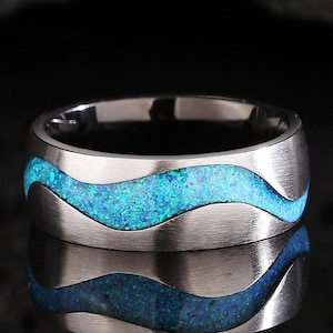 Wave Opal Mens Wedding Band: Stainless Steel, Glow in the Dark